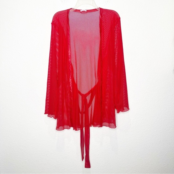 Savage X Fenty Glossy Flossy Fishnet Robe Goji Berry Red - Picture 5 of 12